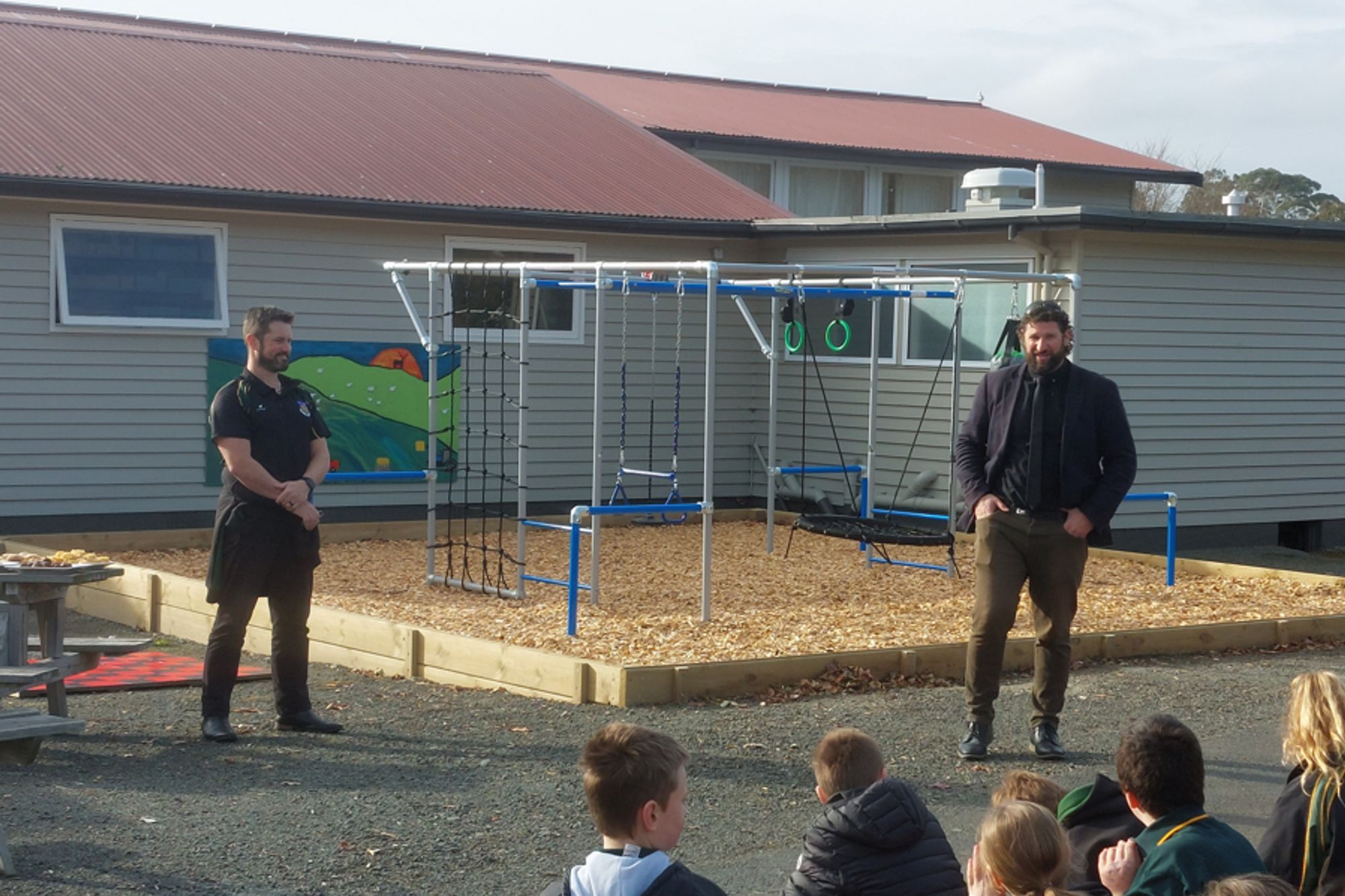 The Official Opening July 7th, 2022 - The Principal of East Otago High School thanking the contributors for helping make the monkey bars and playground a reality.