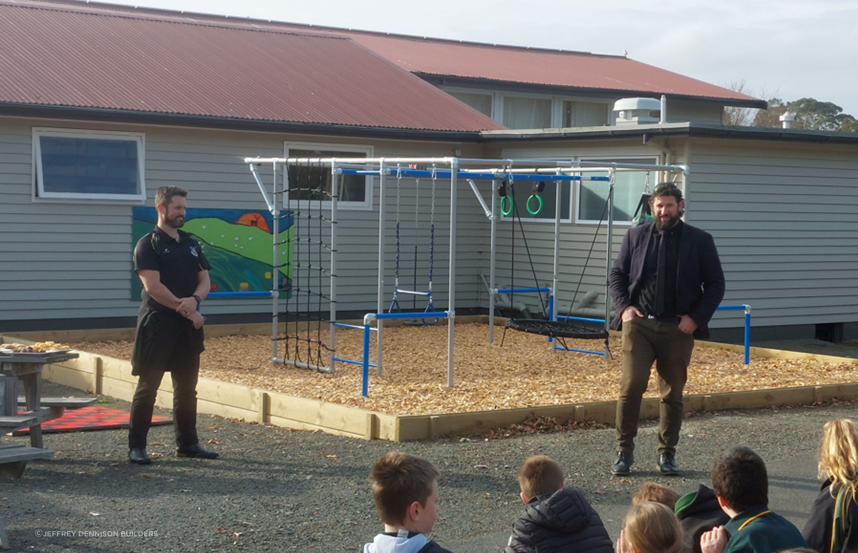 The Official Opening July 7th, 2022 - The Principal of East Otago High School thanking the contributors for helping make the monkey bars and playground a reality.