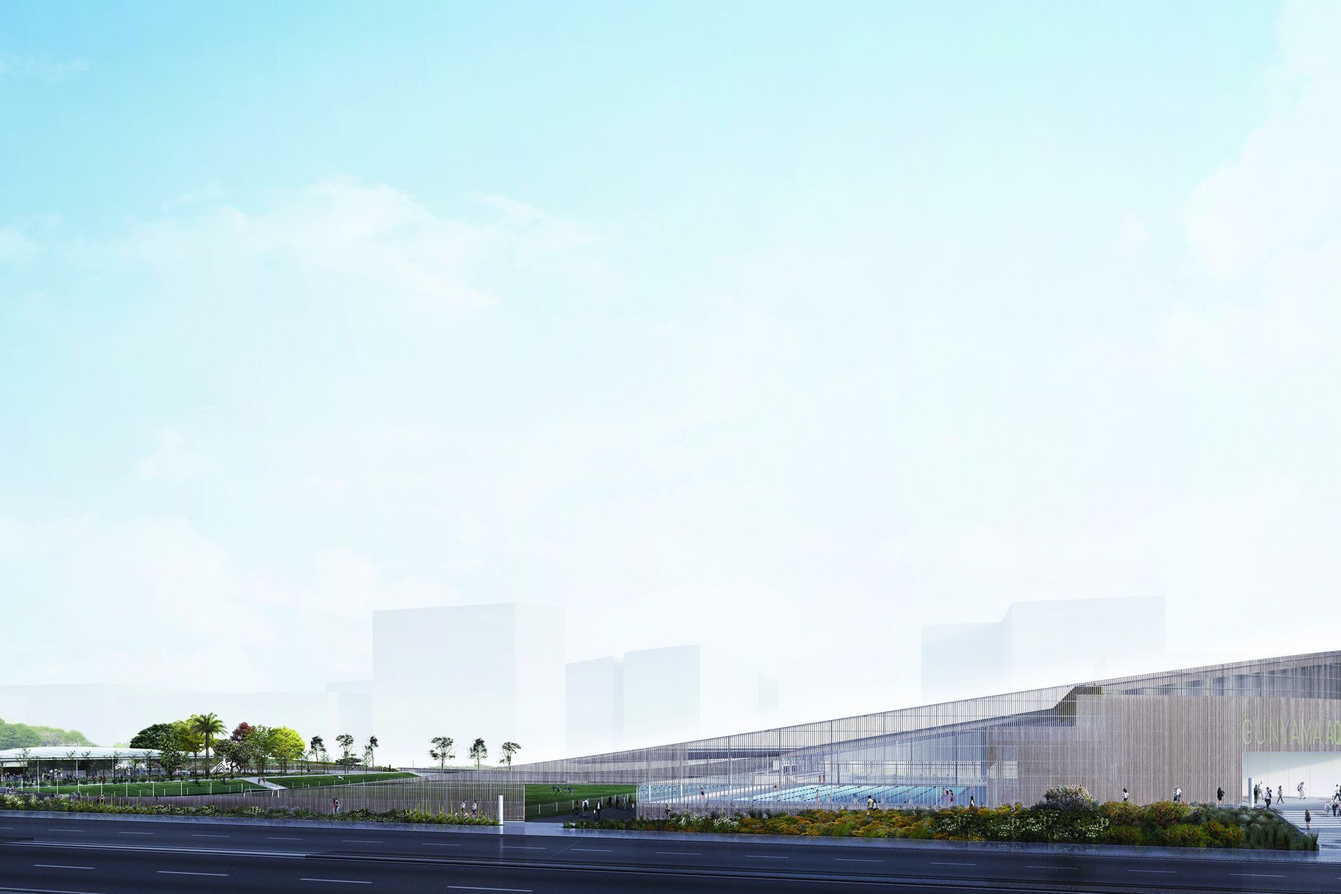 The fence sweeps up to accommodate program - the playground and aquatic centre.