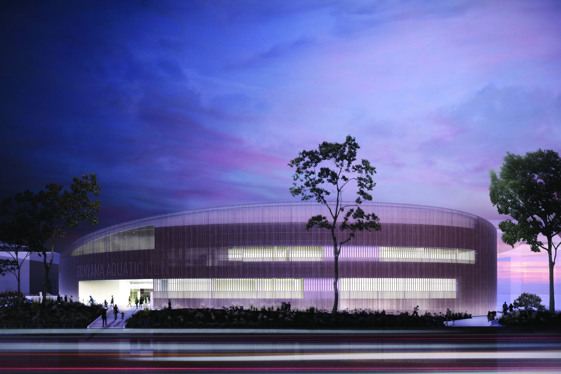 The main frontage presents as a glowing lantern, the batten screen cloaking the interior and simplifying the form.