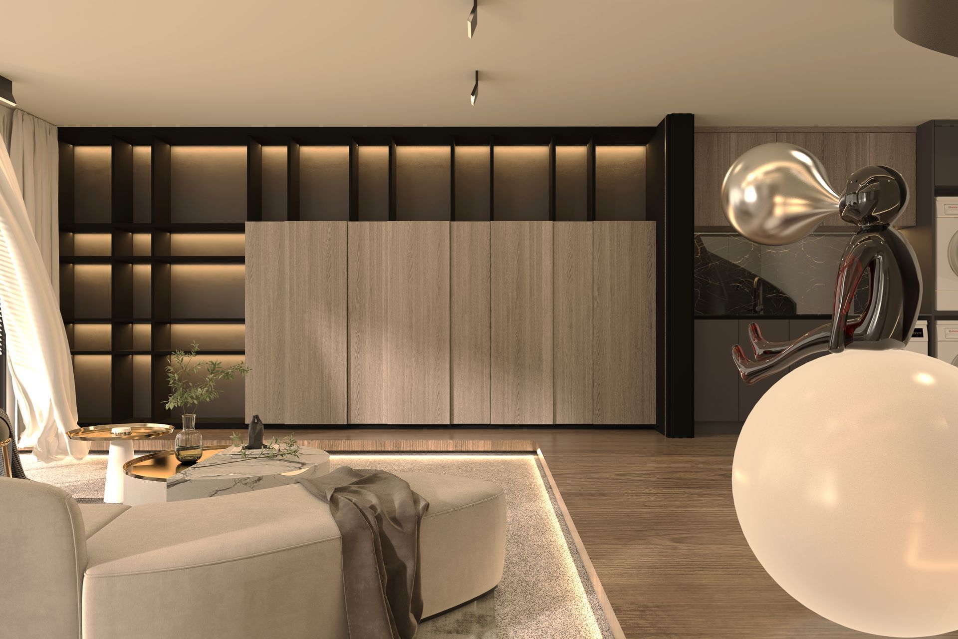 The design of a platform is intended to enhance the sense of depth in the layout and to     beautify it with LED lighting effects.