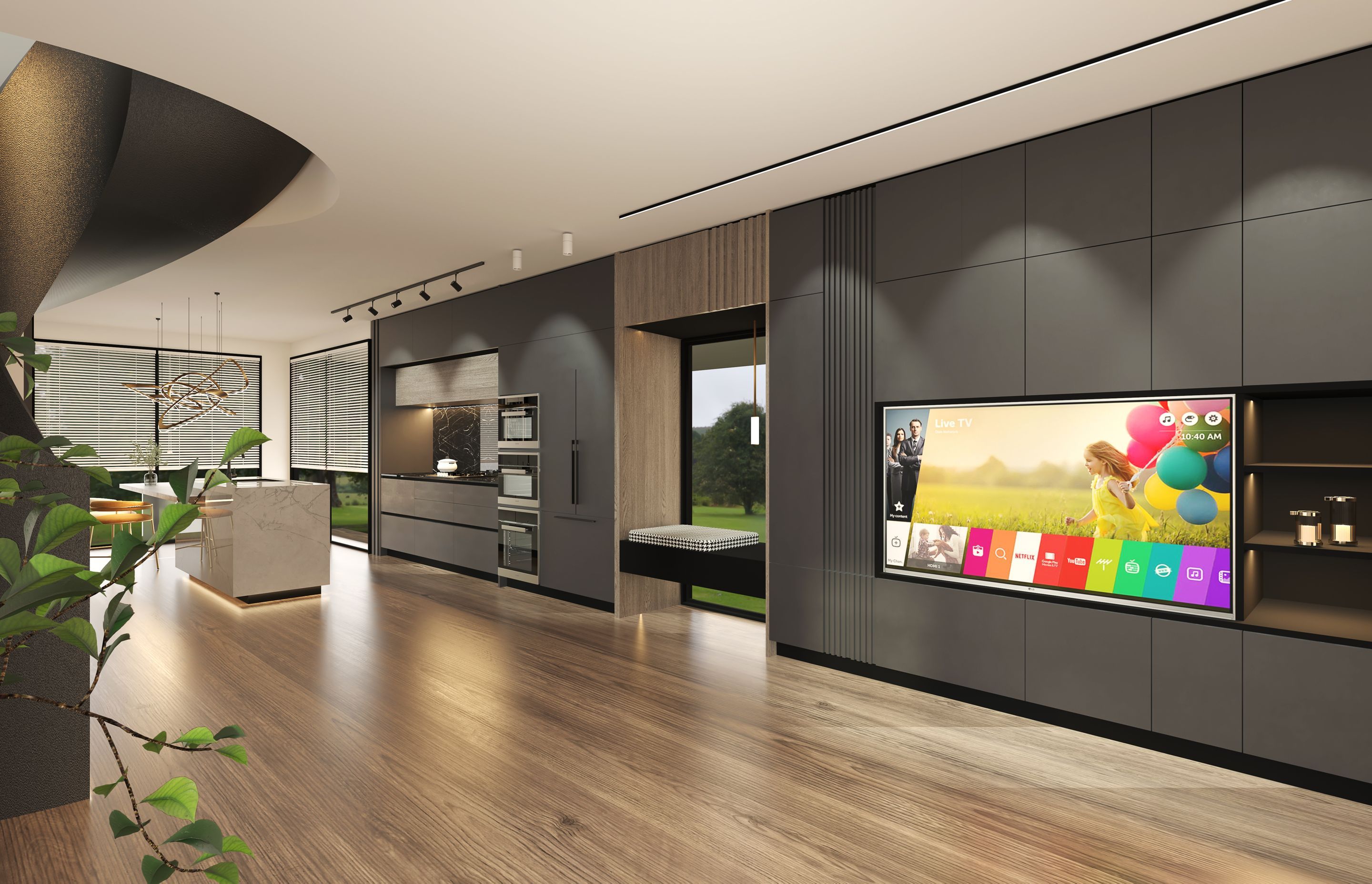 To incorporate indoor-outdoor integration, we set up seating in the window area. By placing the seats     near the windows, you can create a space that combines the indoors and outdoors.