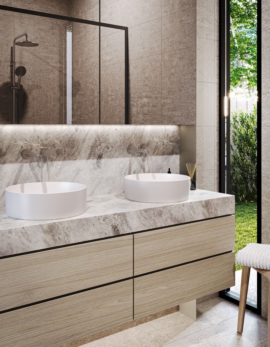  A natural separation between parent and child zones are cleverly established by the placement of each bathroom, with the downstairs master ensuite luxuriously appointed with double vanities, dual showers and marble benchtops.