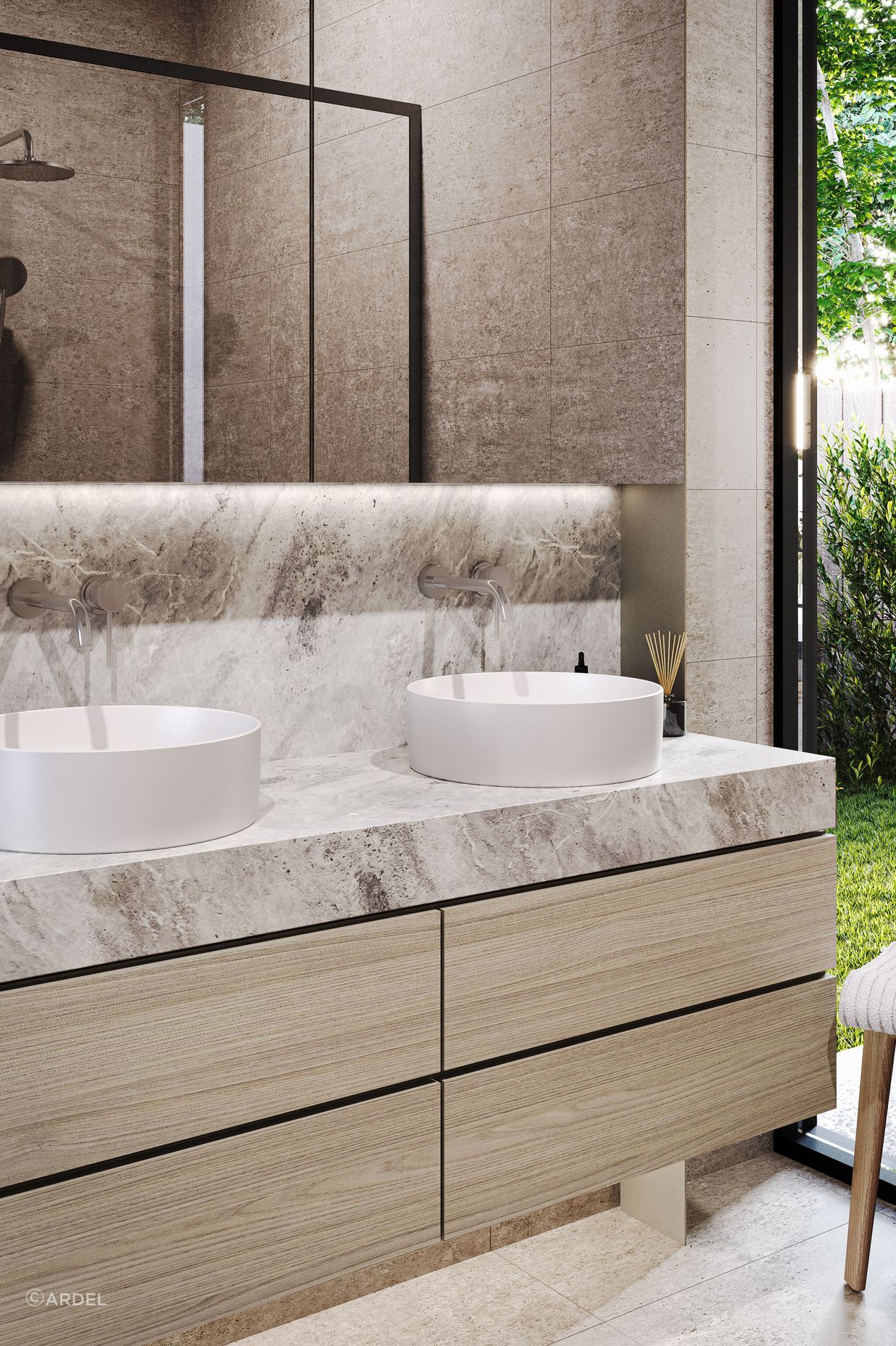 A natural separation between parent and child zones are cleverly established by the placement of each bathroom, with the downstairs master ensuite luxuriously appointed with double vanities, dual showers and marble benchtops.