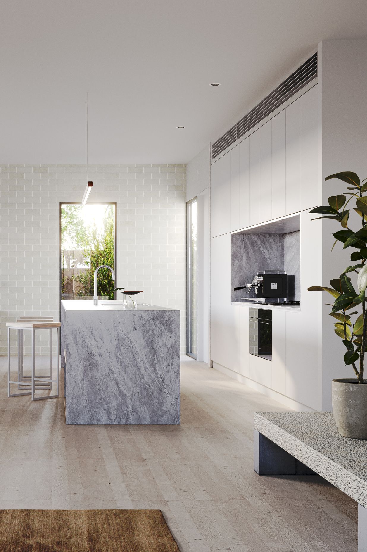 As the central point for daily life, the natural stone island bench transforms seamlessly from informal breakfast bar or food prep area to a sleek space for hosting guests.