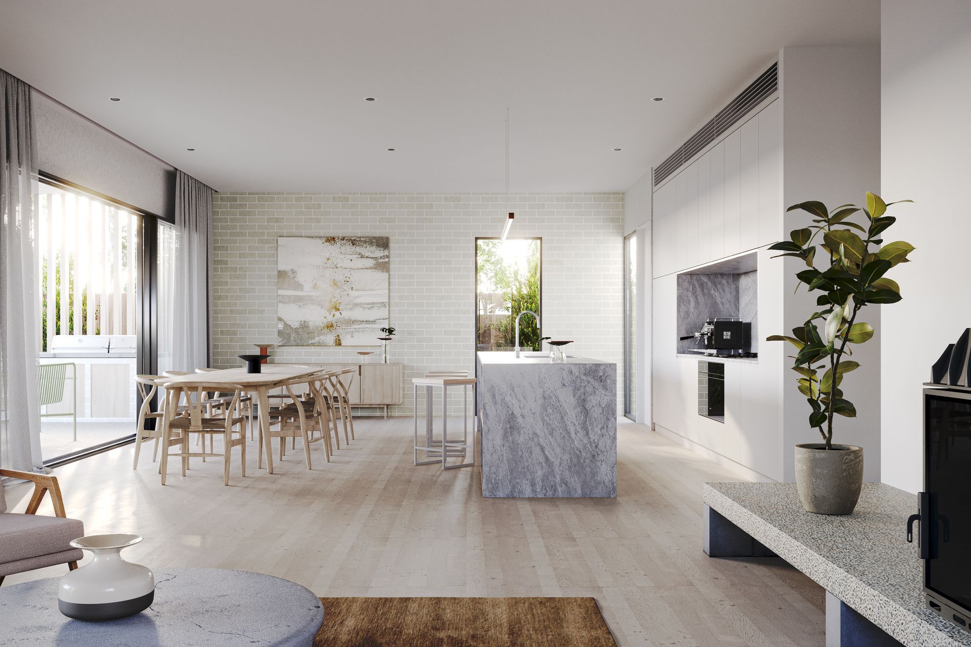 As the central point for daily life, the natural stone island bench transforms seamlessly from informal breakfast bar or food prep area to a sleek space for hosting guests.