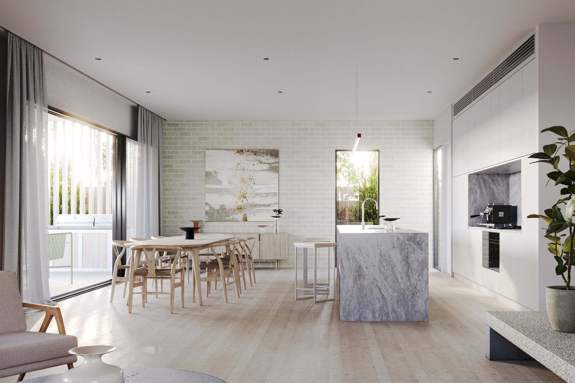 With an enclosed awning and built-in BBQ, the main veranda acts as a natural extension to the kitchen and dining area, providing an additional space for entertaining and relaxing.