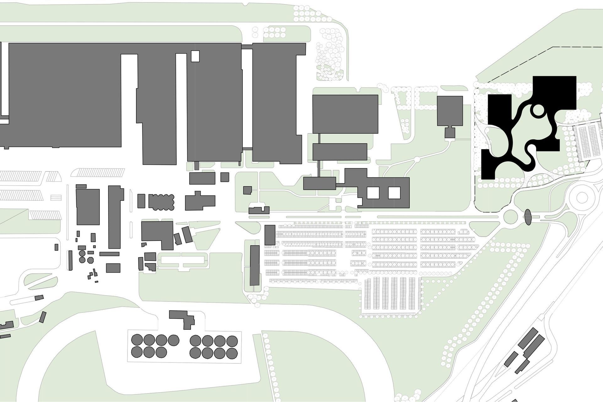 Site plan - the new building observes key alignments while introducing a playful quality.