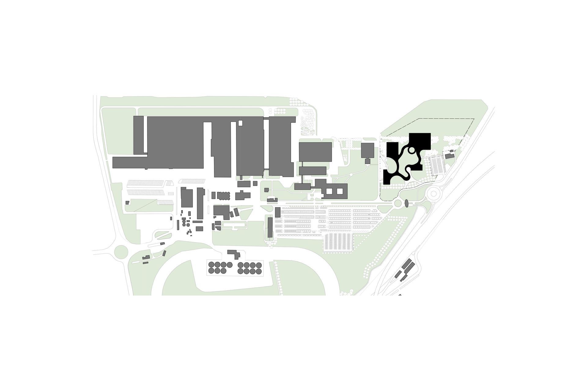 Site plan - the new building observes key alignments while introducing a playful quality.
