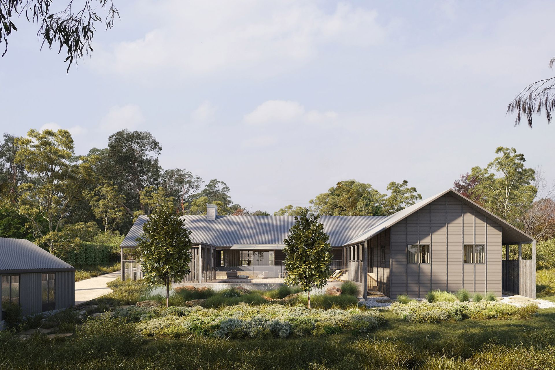 L-shape plan - the dwelling and pavilion flank a pool.