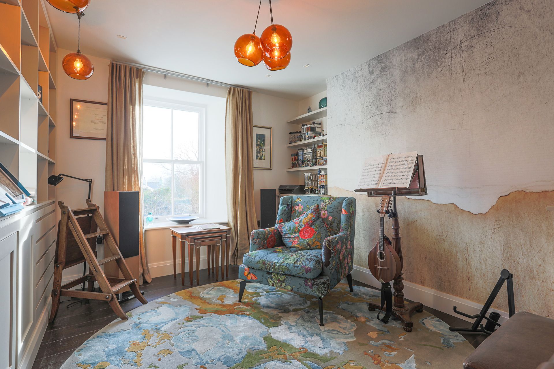 The music room pulled together pattern, colour and an eclectic twist of quirkiness.