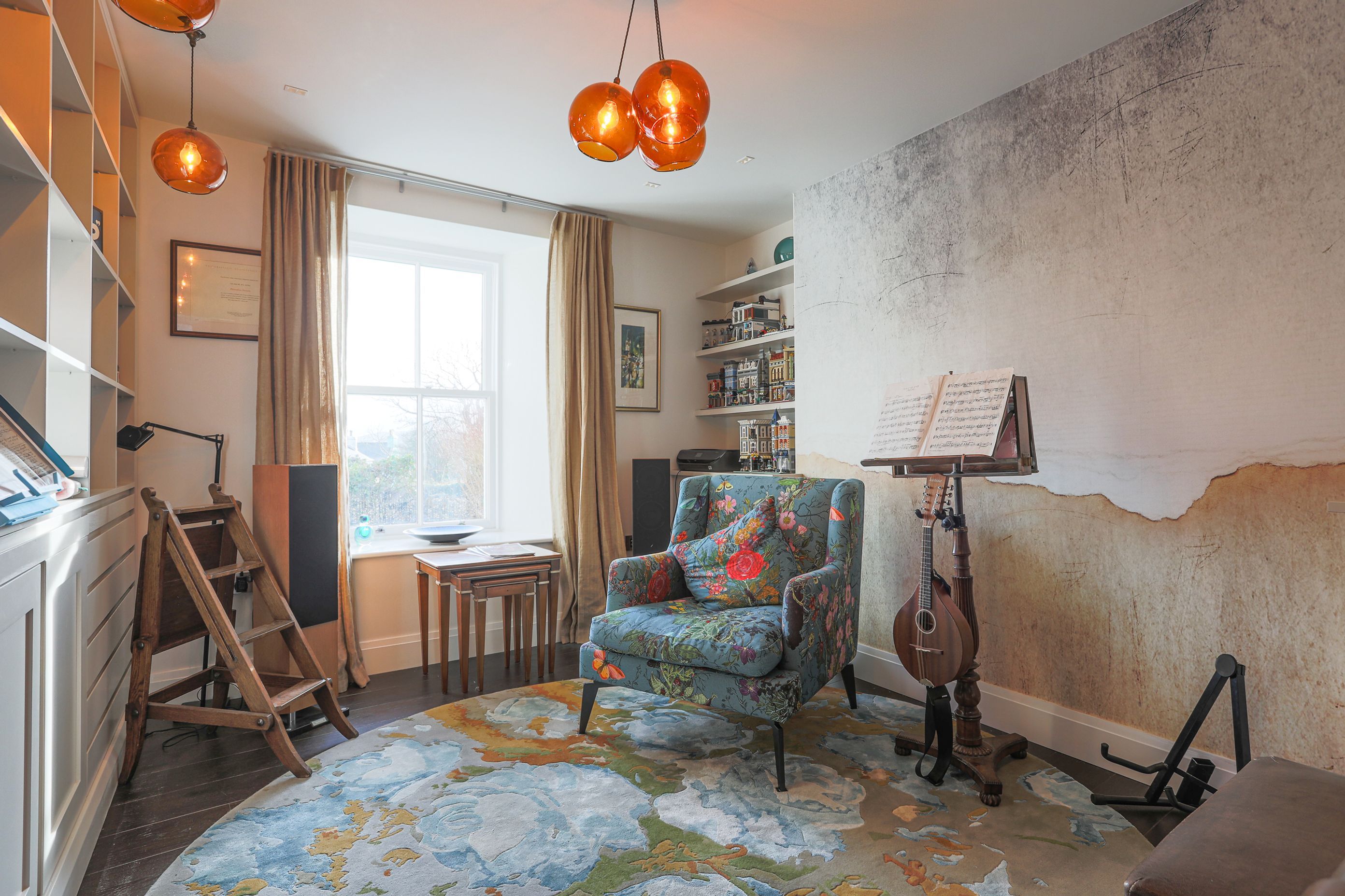 The music room pulled together pattern, colour and an eclectic twist of quirkiness.