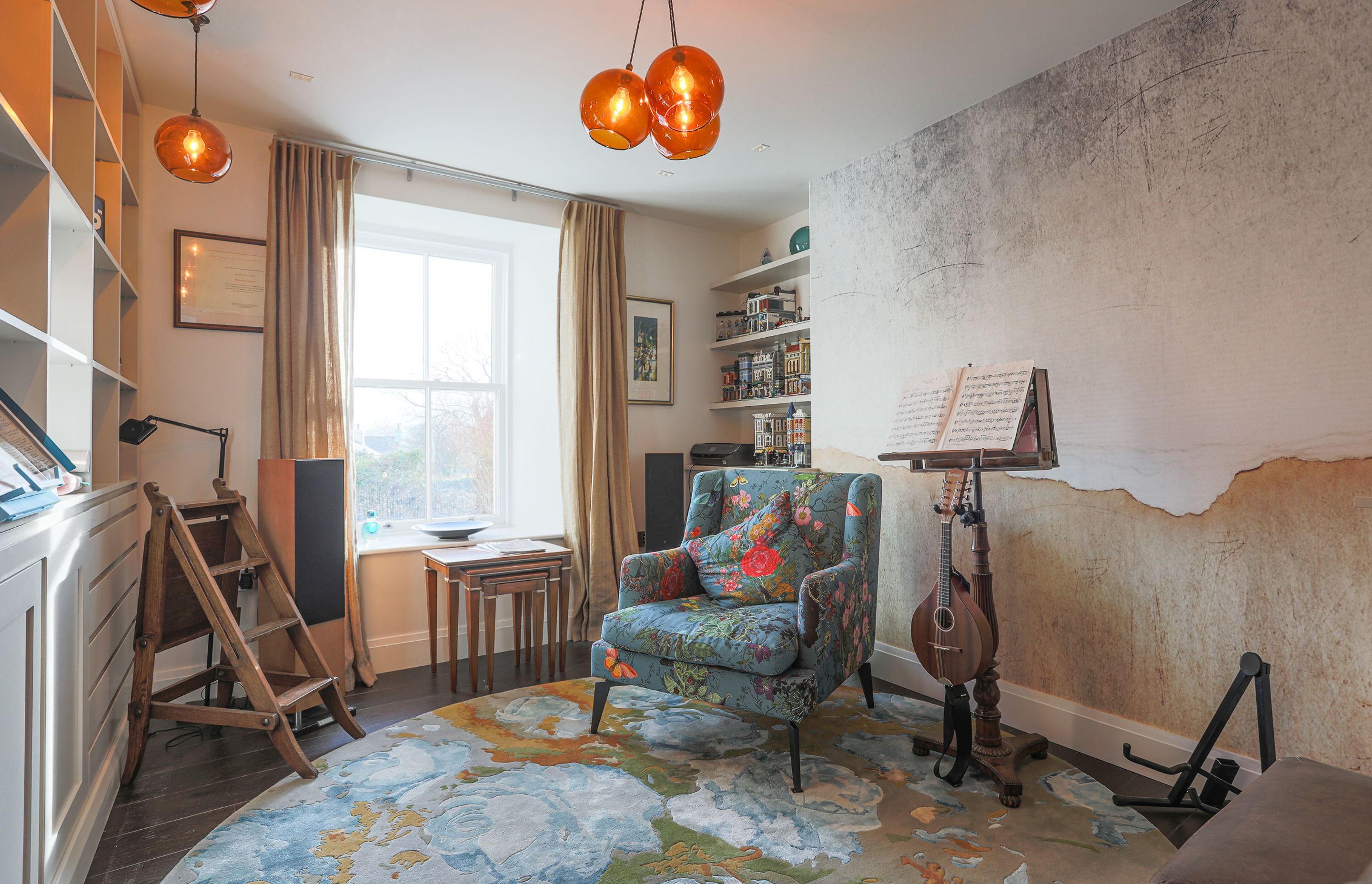 The music room pulled together pattern, colour and an eclectic twist of quirkiness.