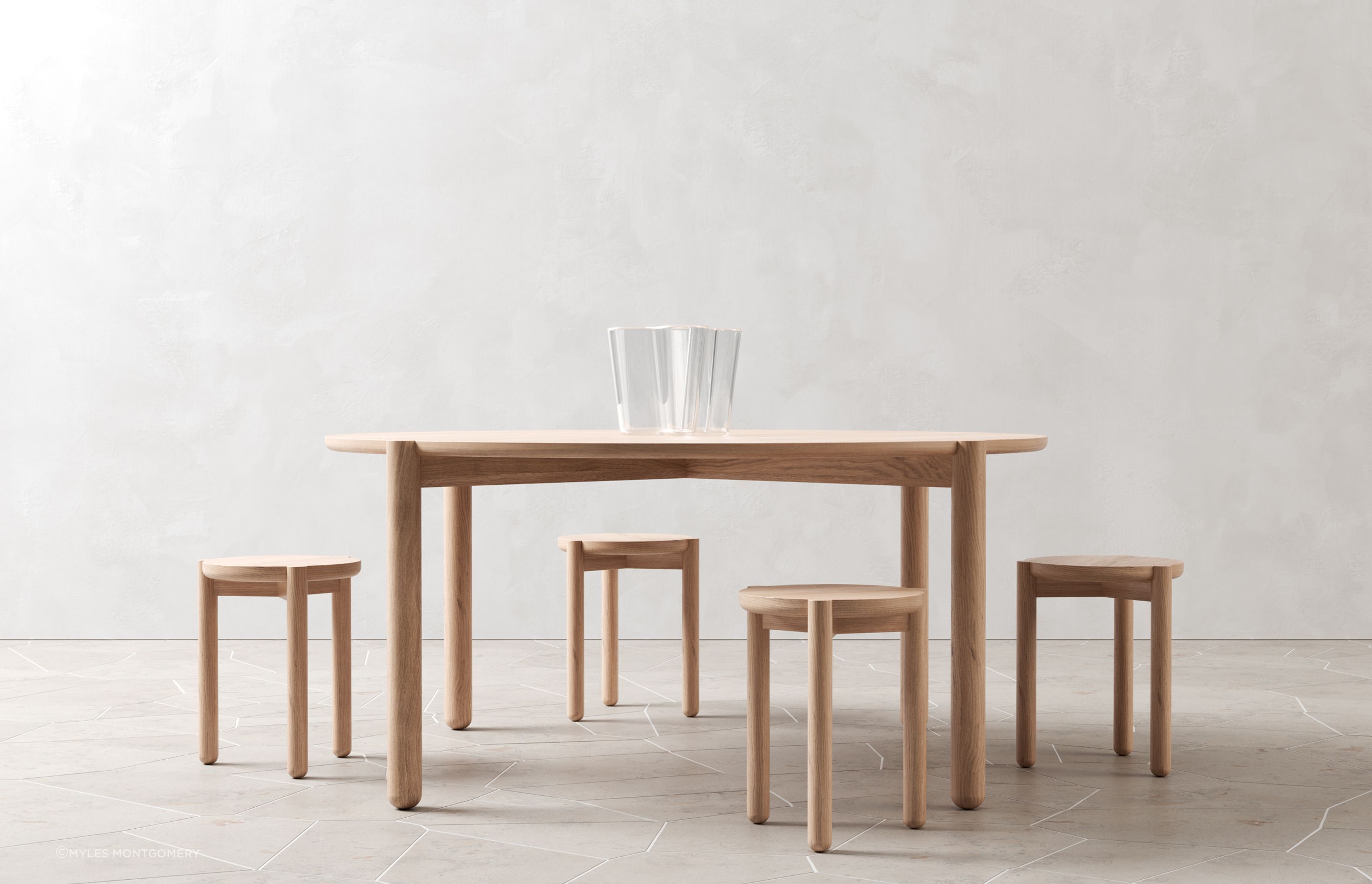 Multitude Dining Table + Stools - Natural Oak - 1600 Dia