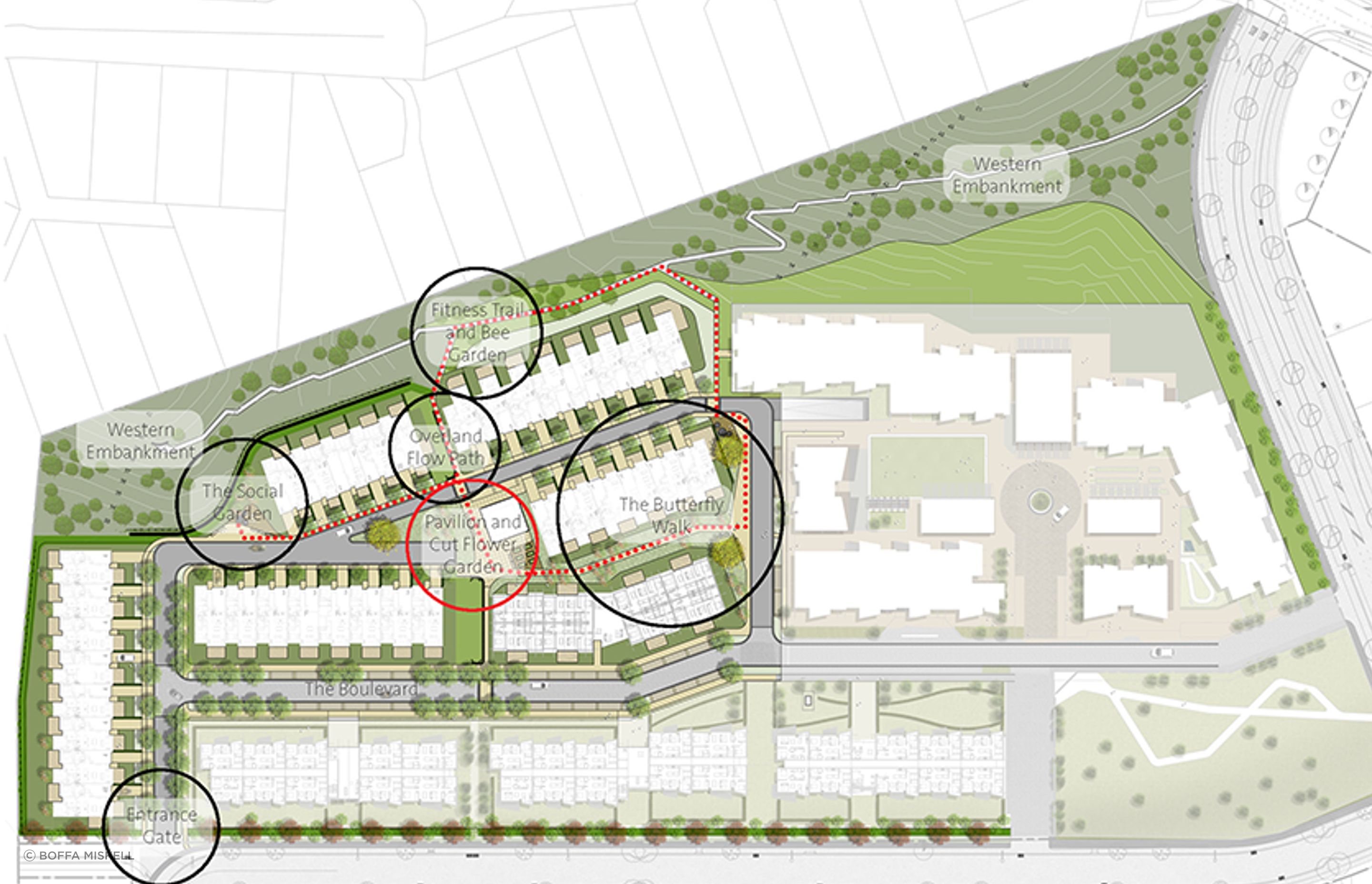 Gulf Rise Stage One site plan with the various landscaping elements identified.