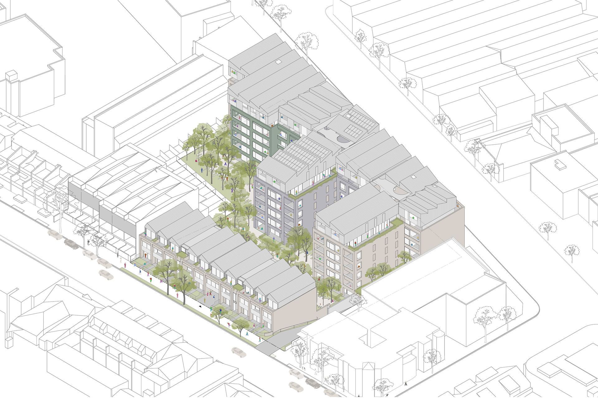 Axonometric diagram - a weave of sawtooth roof forms caps the building.