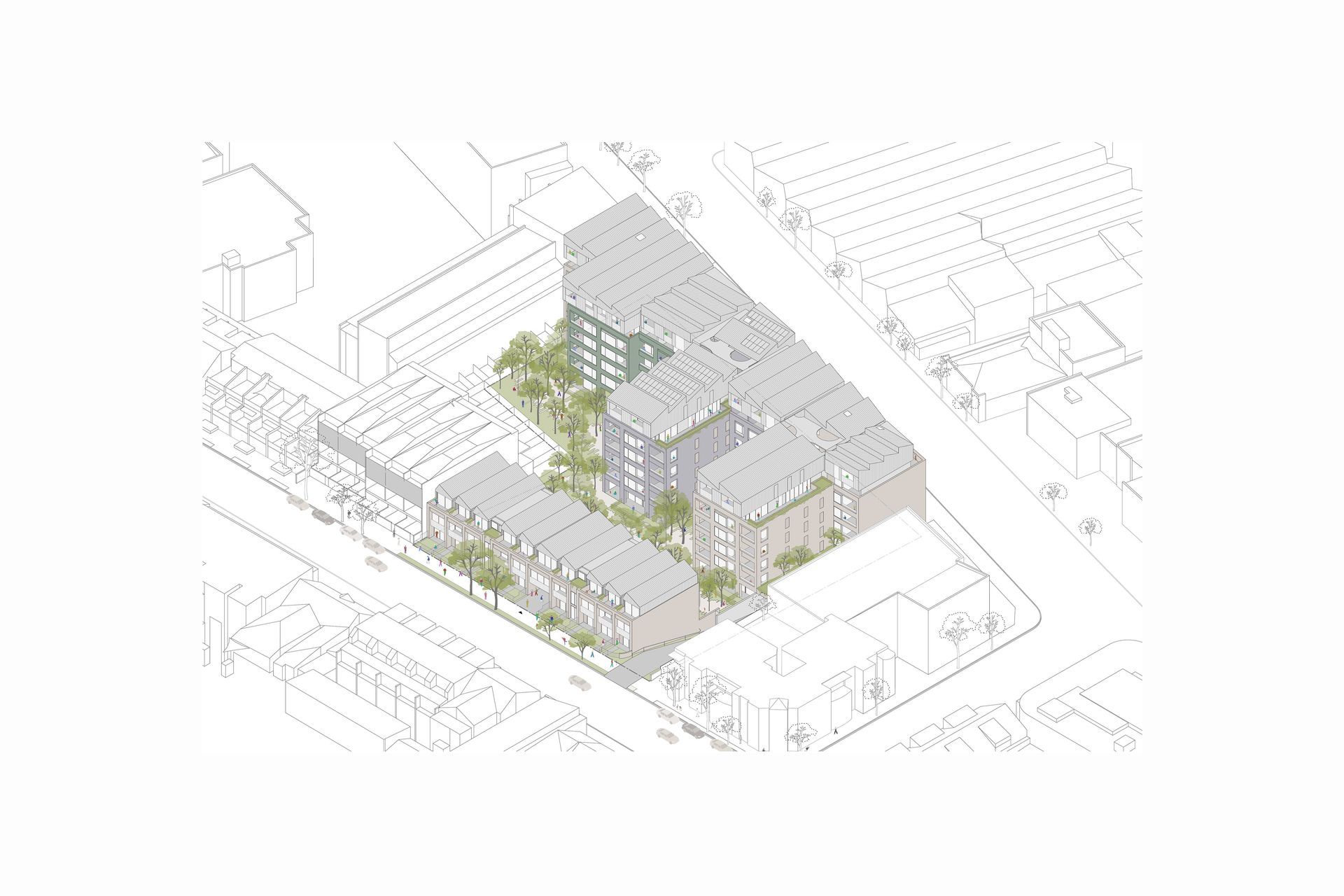 Axonometric diagram - a weave of sawtooth roof forms caps the building.