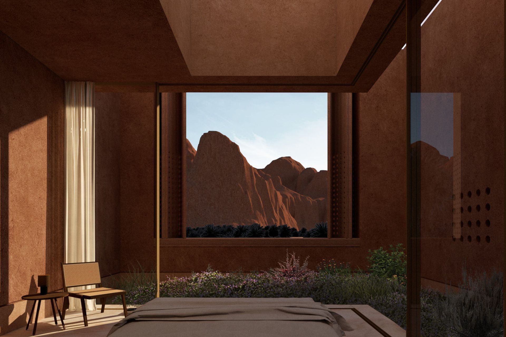 A garden between the interior glazing line and masonry wall mediates the surrounding landscape.