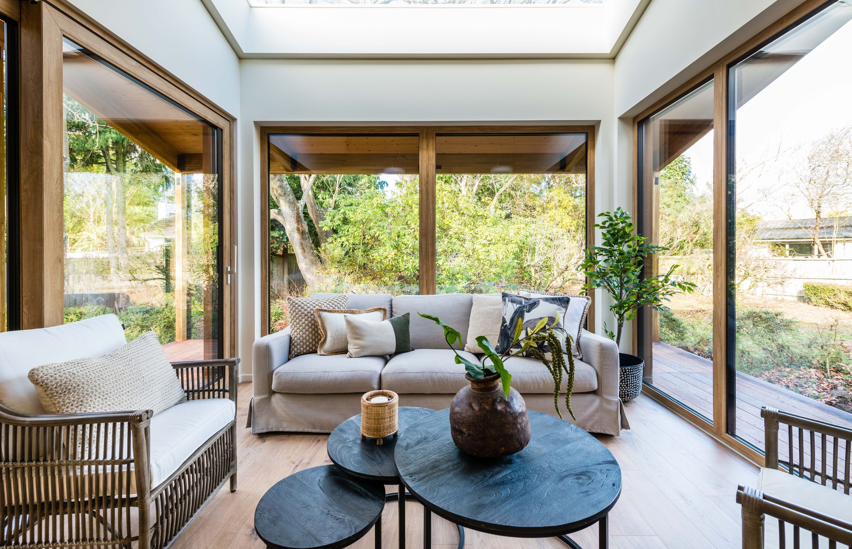 Sunroom with large triple glazed skylight above