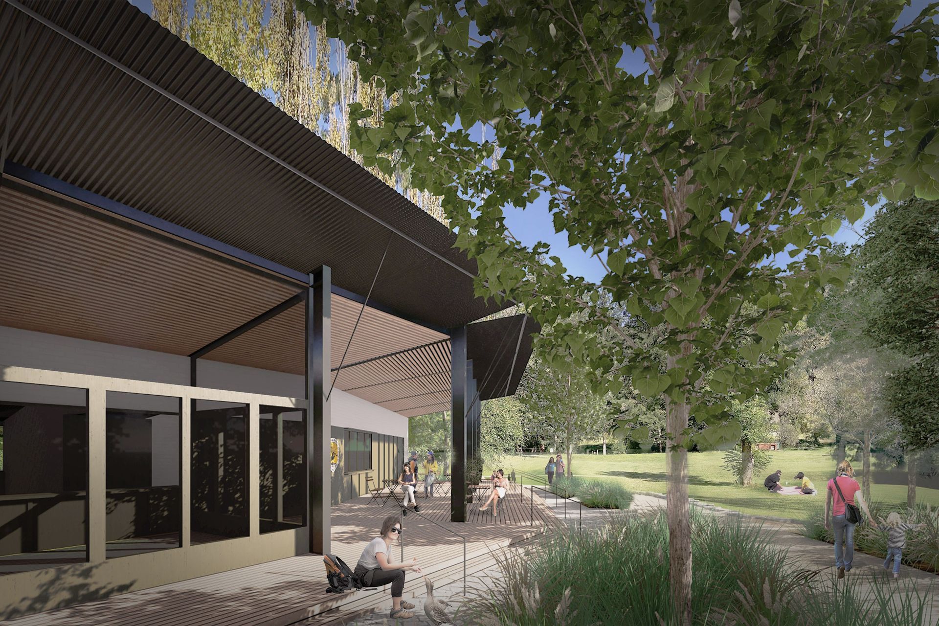 The visitor centre fronts a village green.