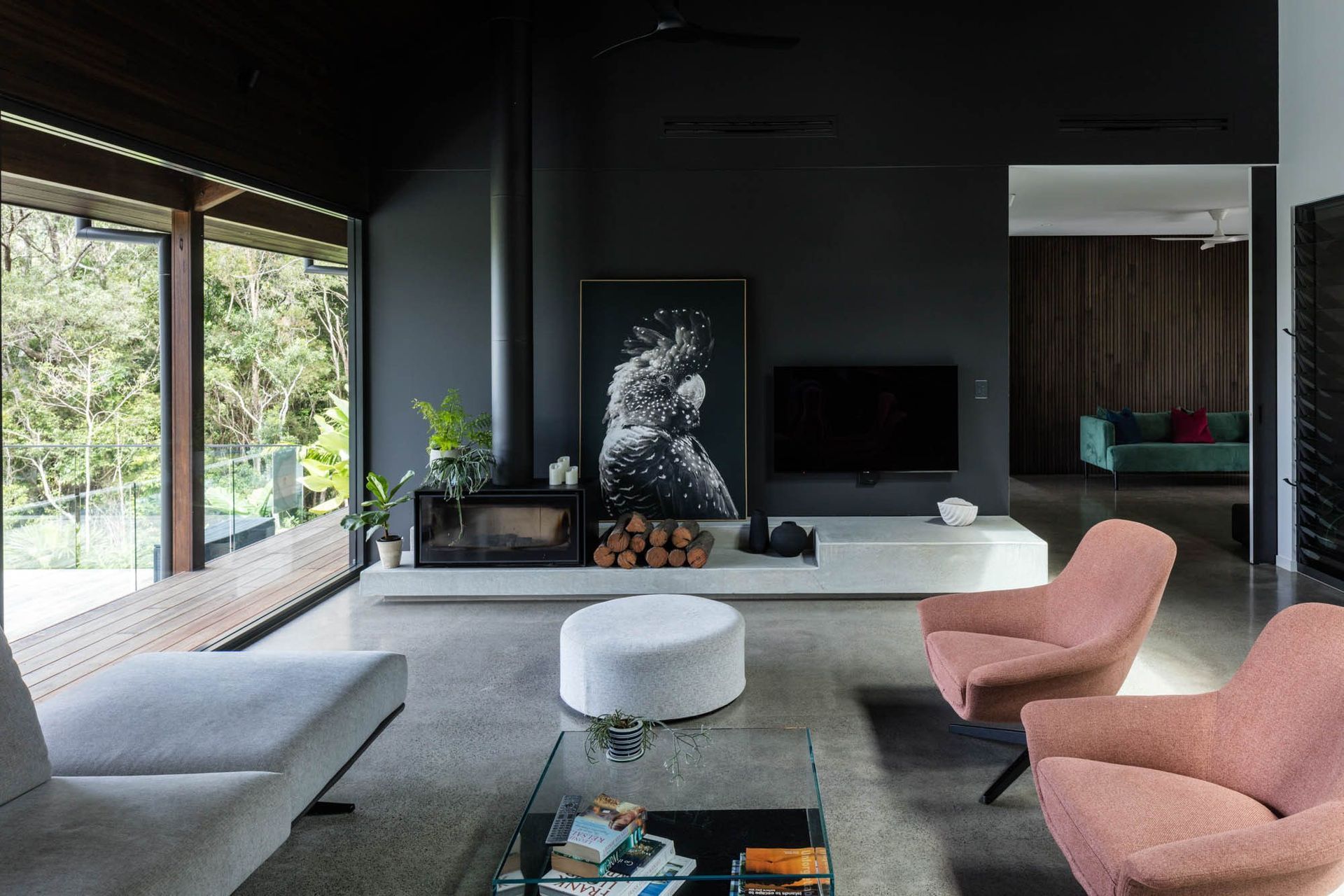 Watson Residence - Living Room. Living room with bold artwork and full height glazing.