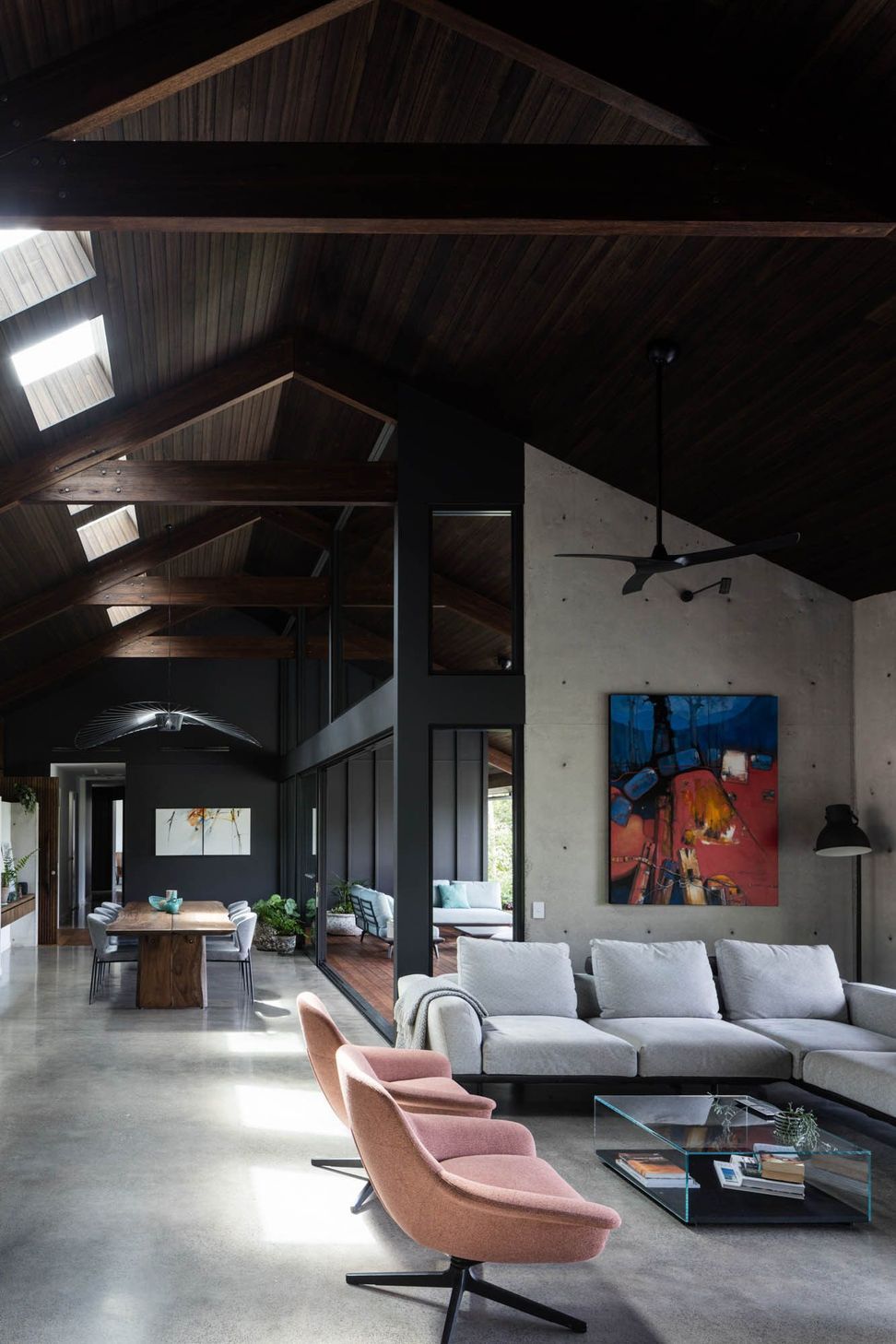 Watson Residence - Living Room. Double height living with artwork and a timber ceiling.