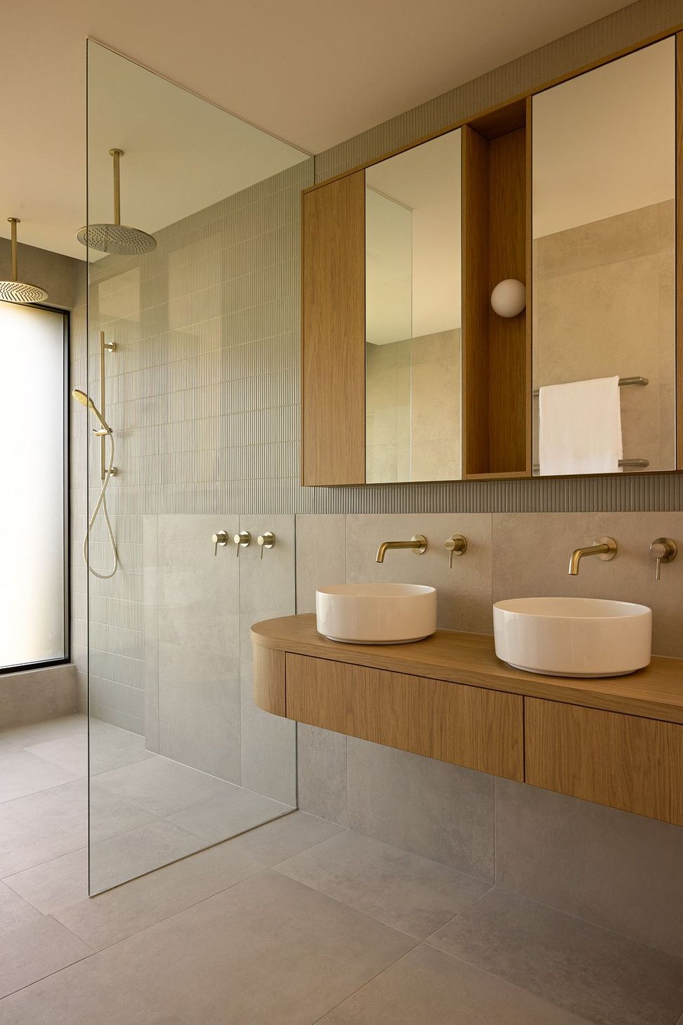 Wildflower Residence - Bathroom. Double basin vanity with a walk-in shower.