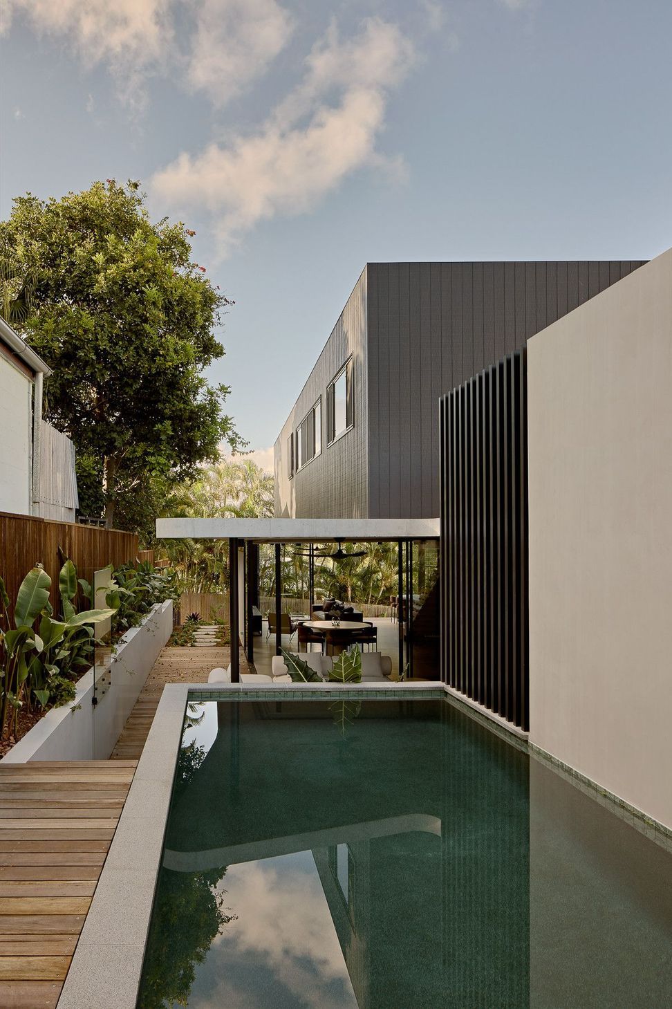 Wildflower Residence - Pool. Lap pool running past the dark clad wing.