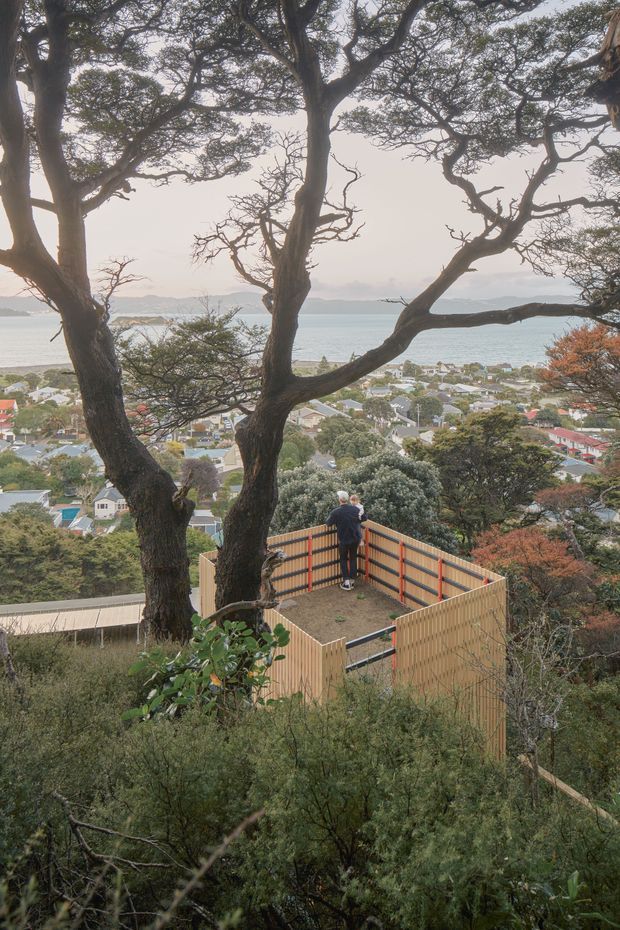 A high-level view through mature trees toward a coastal suburban neighbourhood and calm bay. In the foreground is a timber observation deck or lookout platform integrated into a steep, densely vegetated hillside, with a person standing at the railing. The scene has a natural, elevated outlook and subdued daylight.