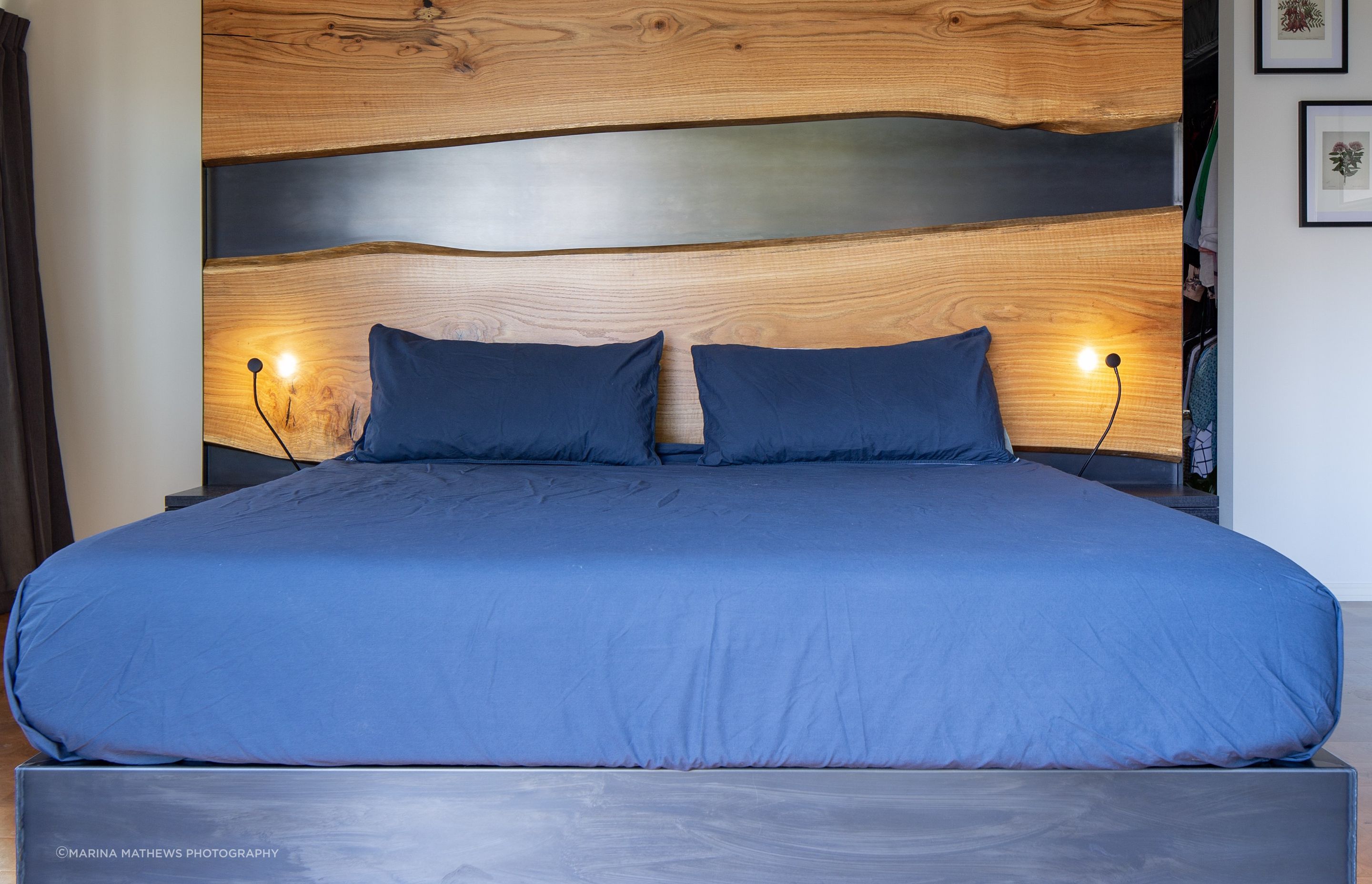 Cantilevered Bed with Split Black Oak Trunk Headboard