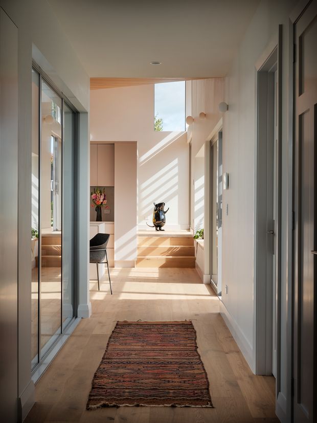 A bright, contemporary residential hallway or entry passage with pale timber flooring, white walls, dark-framed glazed doors on the left, and multiple internal doorways on the right. The corridor leads to a short set of timber steps and a raised landing, illuminated by strong sunlight through high glazing. Built-in cabinetry, a chair, a sculptural vessel, and a patterned runner add detail.