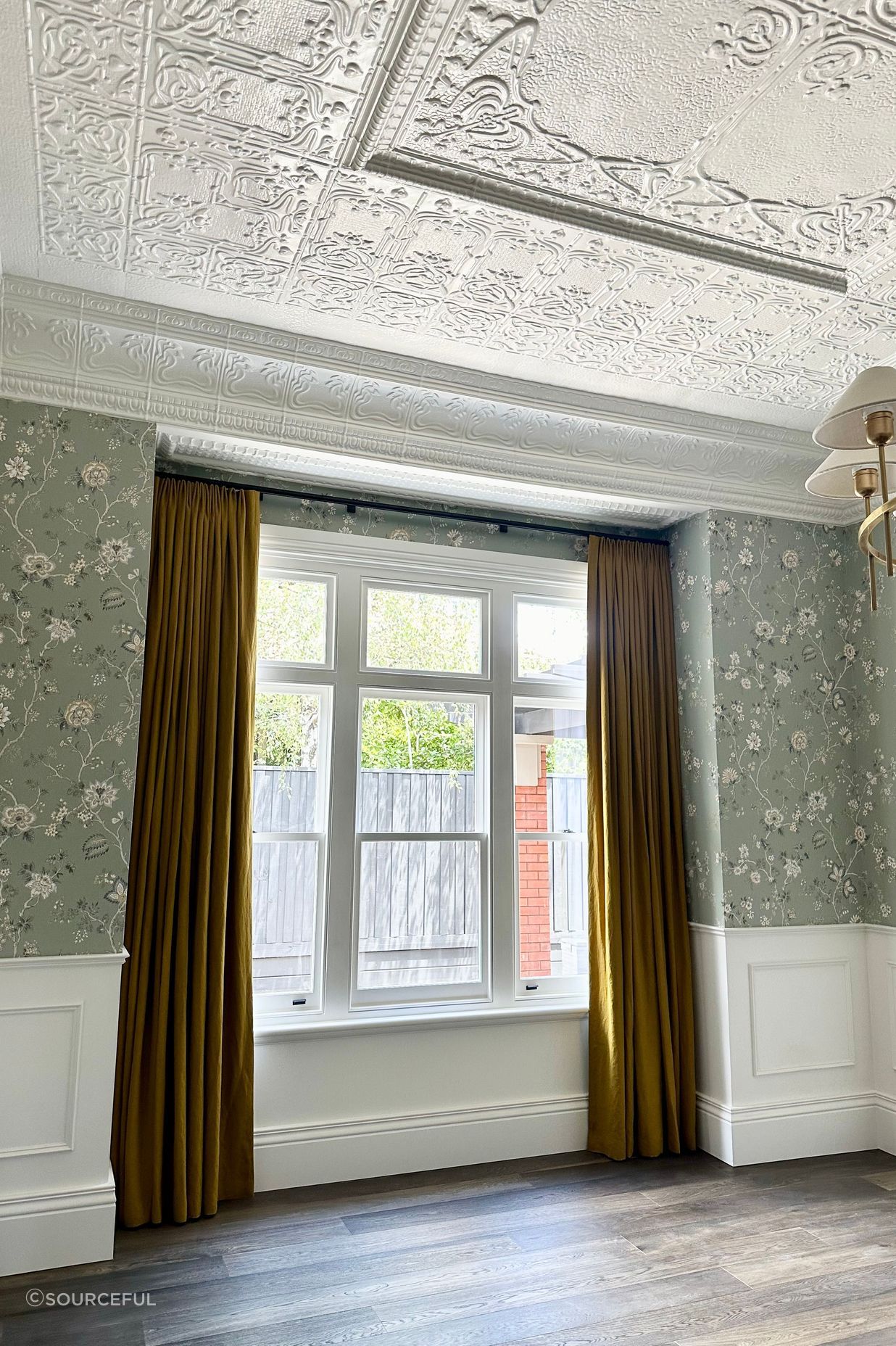 Dining Room - Featuring an automated rod with linen drapes