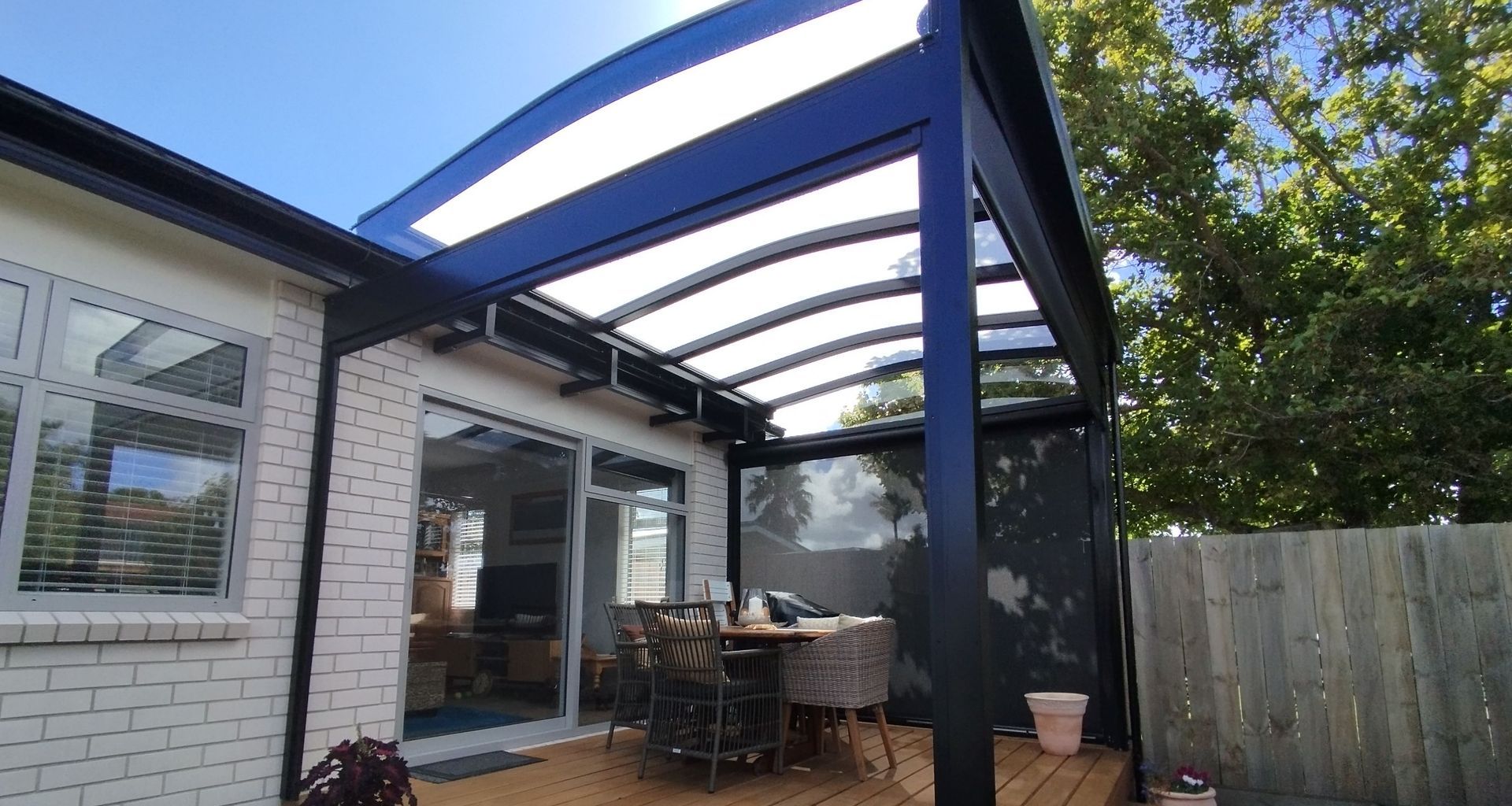Gable Roof Canopy with Ziptrak® Outdoor Blinds in Orewa banner