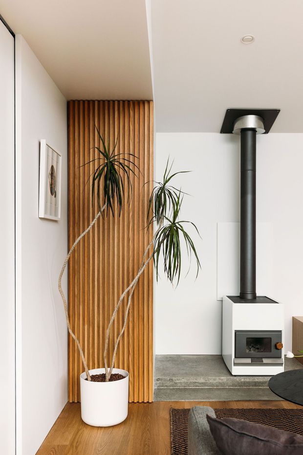 A bright contemporary living area featuring a freestanding wood-burning stove with a black flue, set on a raised concrete hearth. A full-height vertical timber slat feature wall provides warmth against white walls and ceiling, with timber flooring, a potted indoor plant, framed artwork, and partial sofa and coffee table visible.