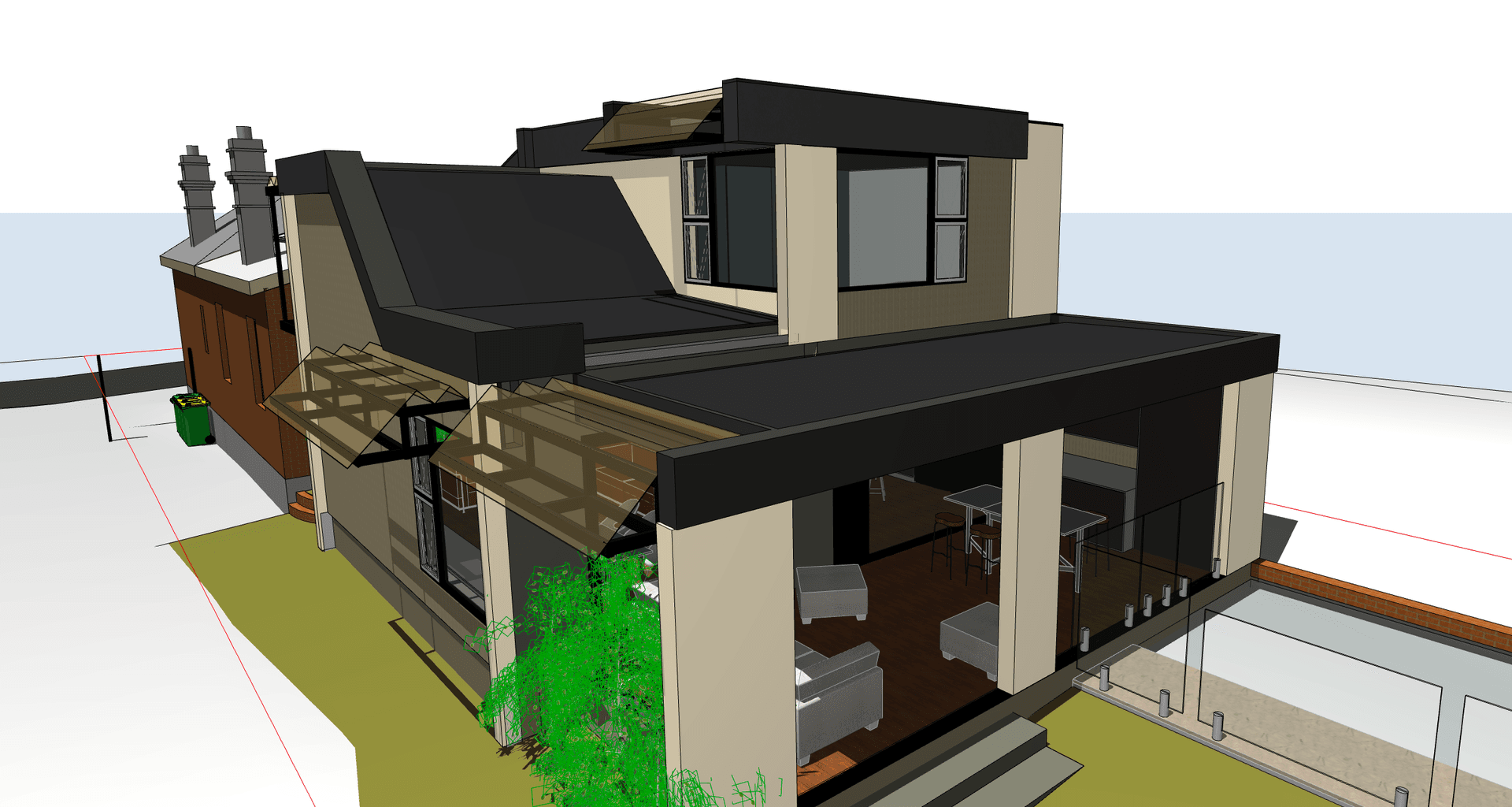 Archicad render of the renovation project. Most of the construction is set behind the existing Federation Era (1914) Cottage, and separated by a linked courtyard. A first floor area includes the master bedroom suite with the ground floor living areas enjoying double height spaces.