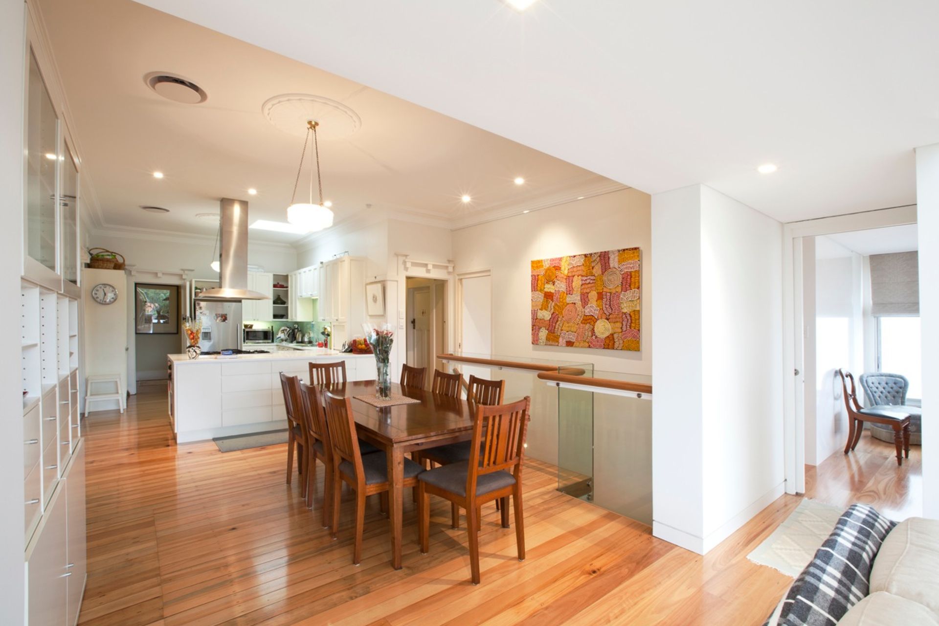 kitchen and dining area with new stair at side, matched timber flooring