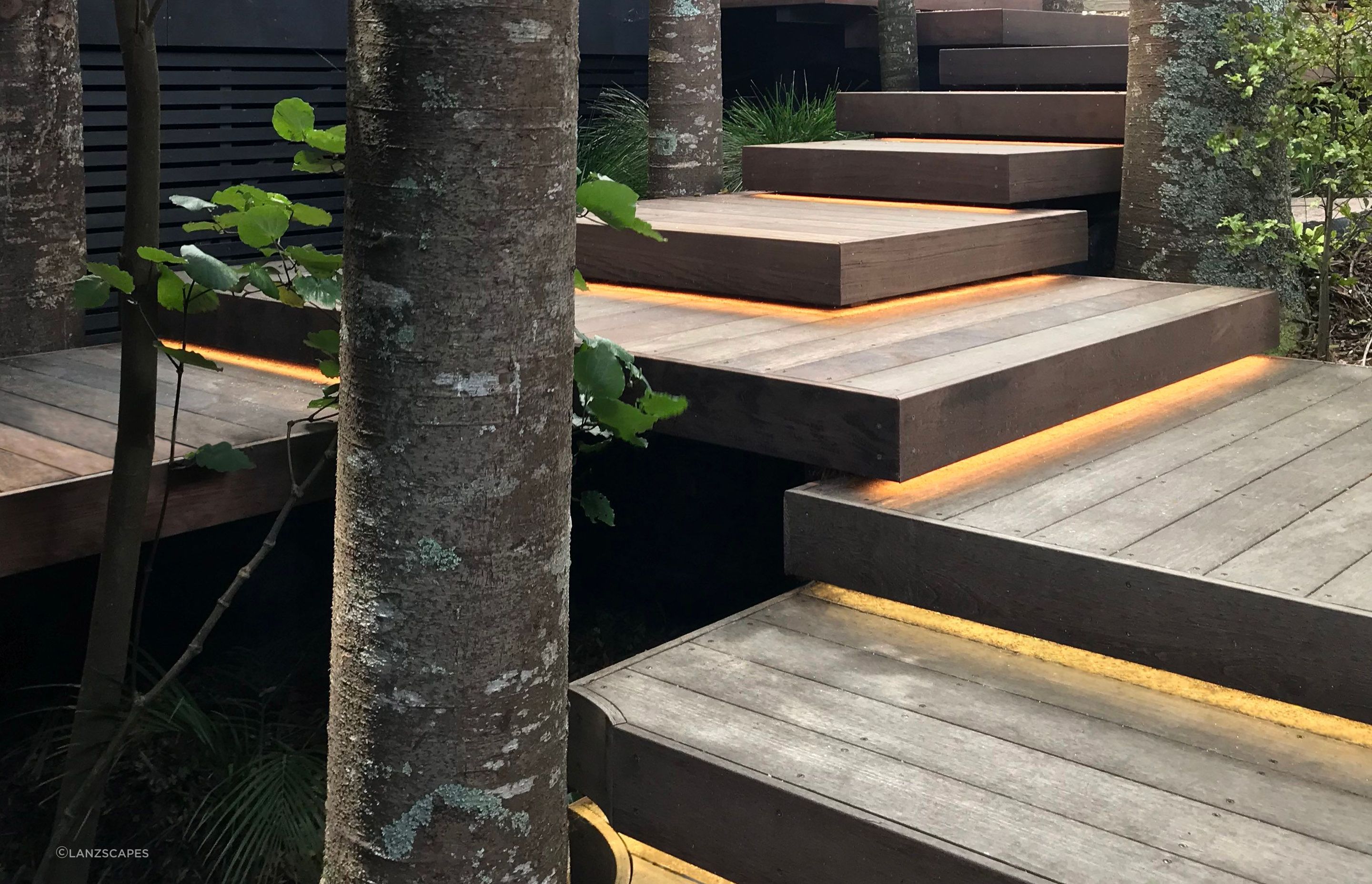 Floating hardwood platform stairs