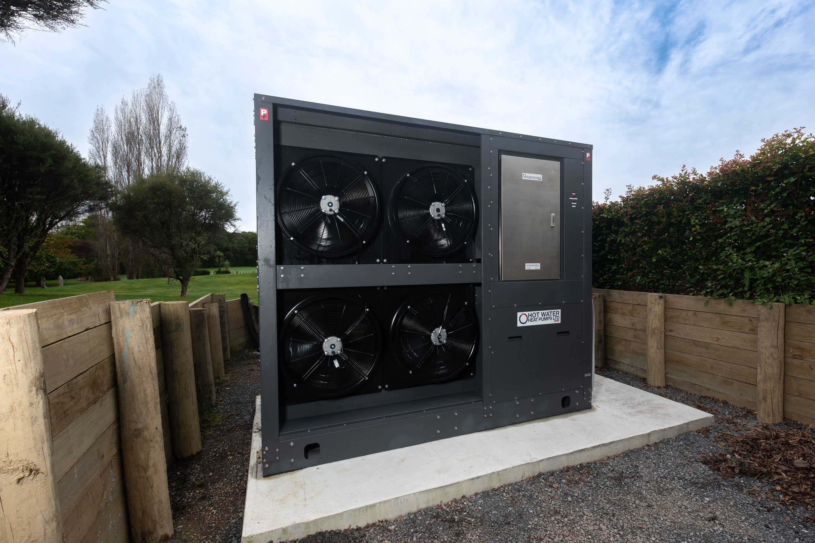 Hot Water Heat Pumps custom built this 140kw Heat Pump to easily heat the large volume of water year round