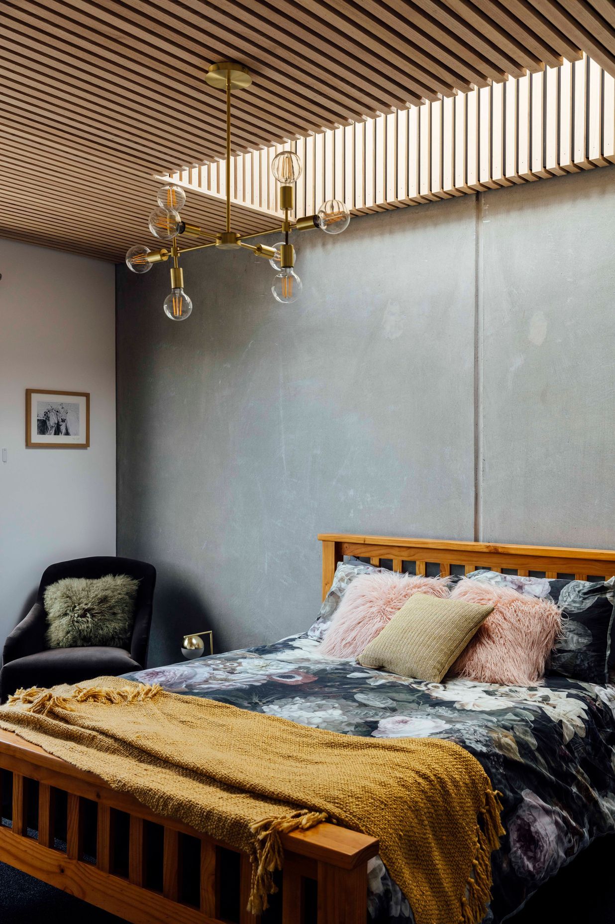 In contrast, the concrete wall in the guest bedroom is smooth but still perfectly imperfect.