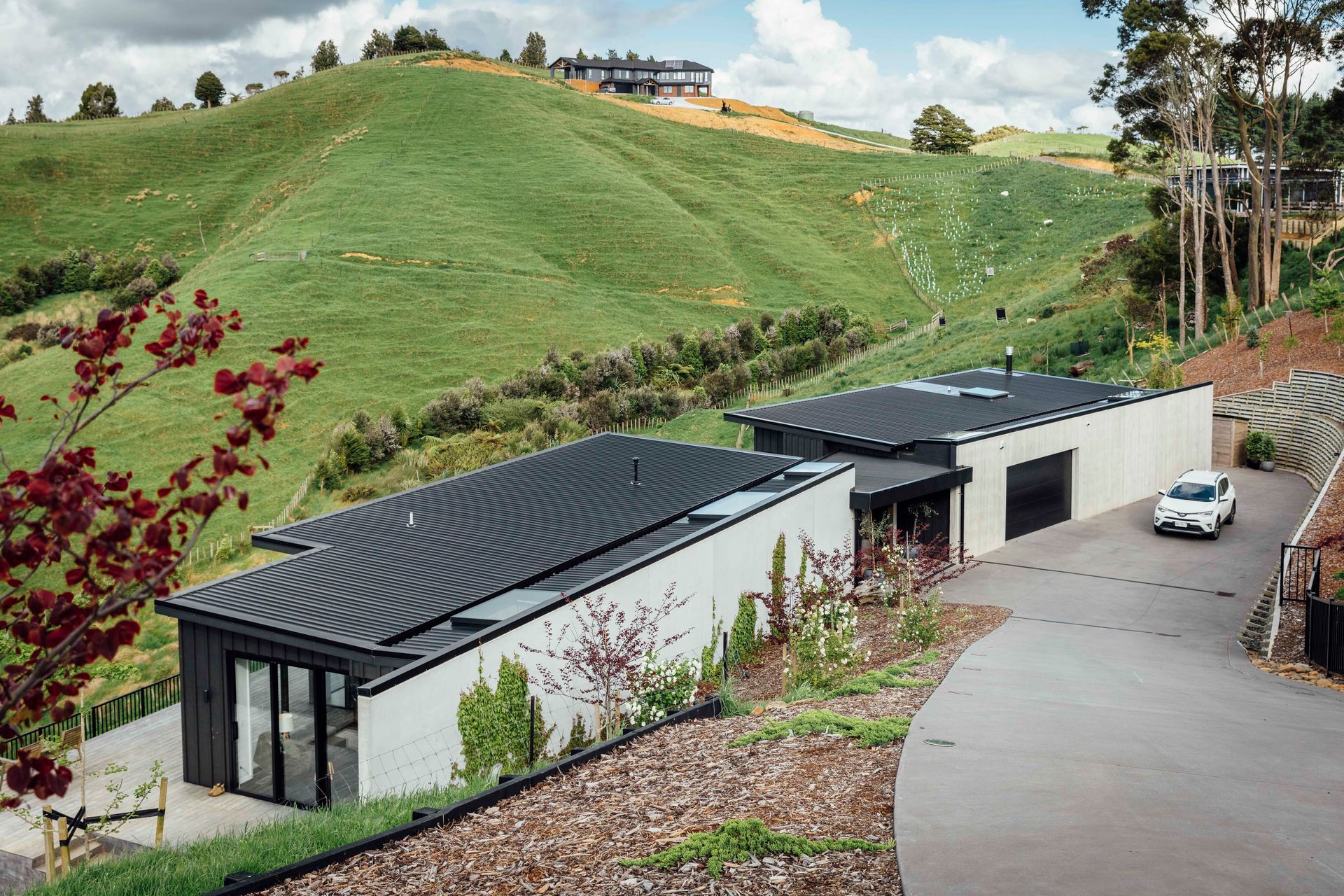 Robust materials including Colorsteel longrun roofing in 'Ebony' and a spine of concrete tilt panels anchor the dwelling to the hillside. The owners have planted Boston ivy to clamber over and soften the concrete wall.