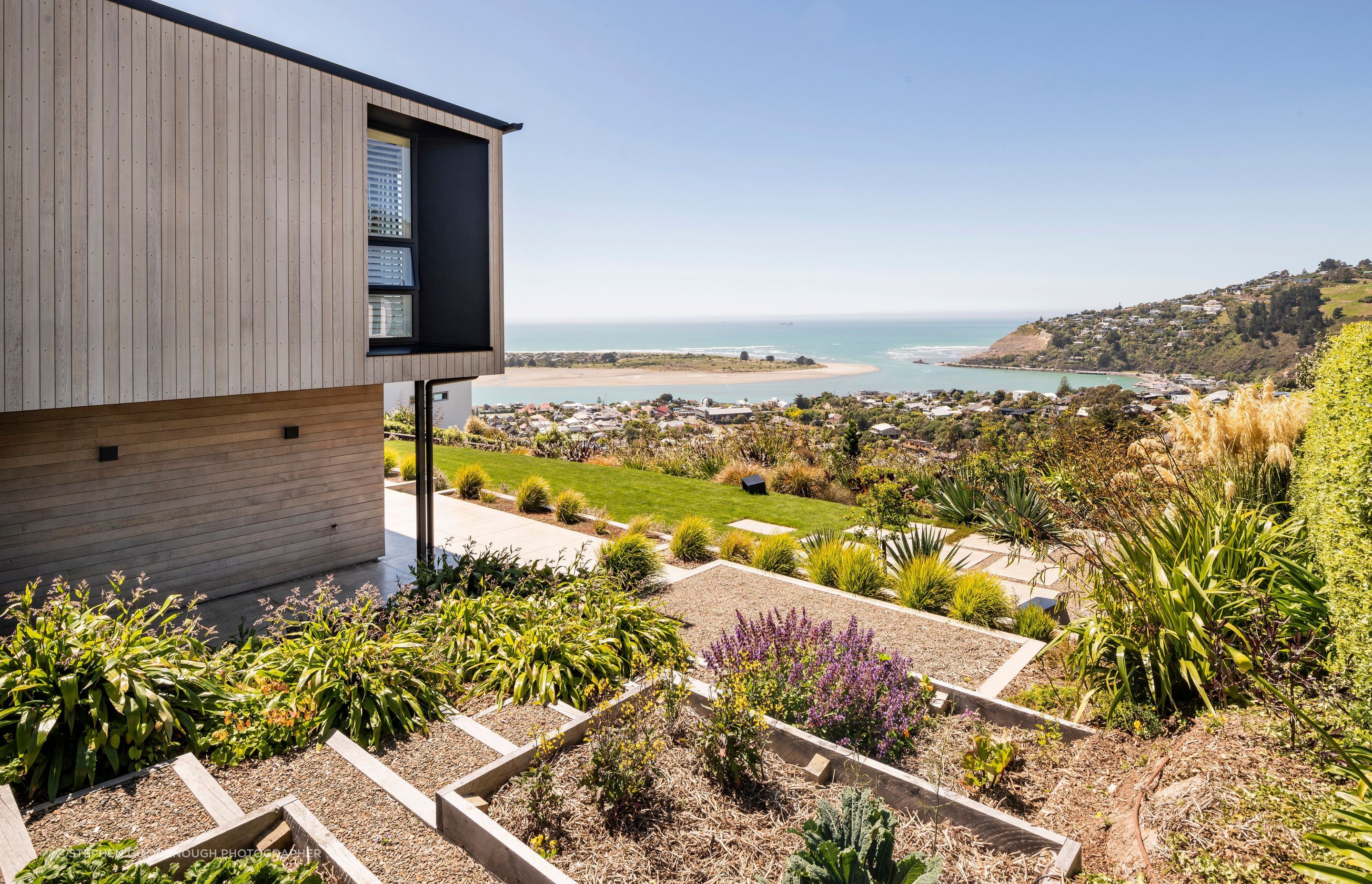 Views out to the coast from the terraced vegetable and herb garden.