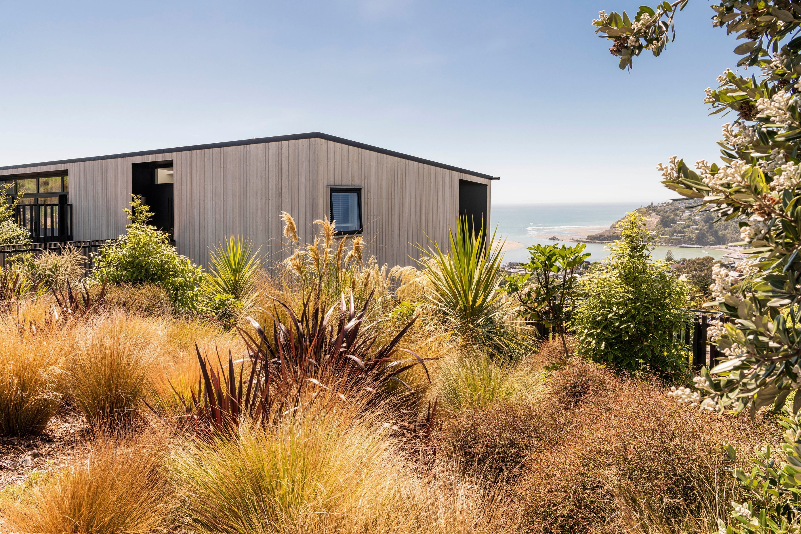 A naturalistic planting of tough Canterbury natives wrap around the street side of the house