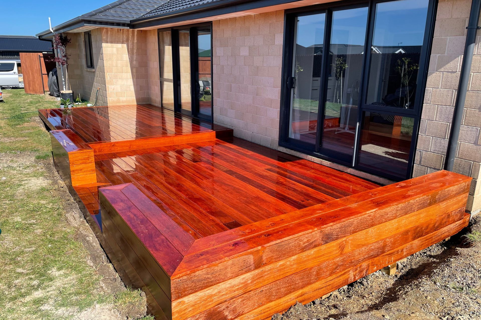 Washed down, freshly finished kwila deck