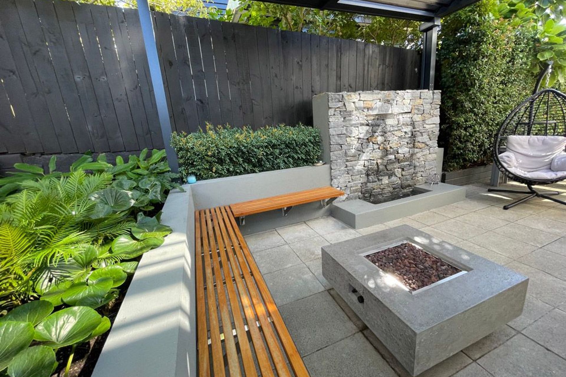 Covered patio with fire pit and water feature