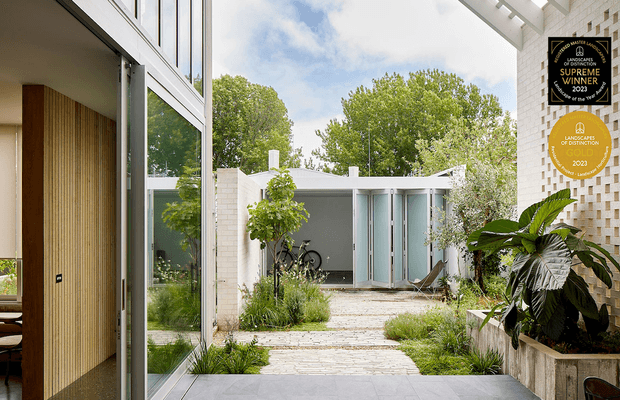 A bright contemporary courtyard viewed from an interior threshold, with full-height glazing, white brick walls, a paved stepping-stone path, lush ornamental planting, and a low flat-roofed outbuilding. Timber slat wall detailing and a bicycle are visible, while award plaques appear on the right wall.