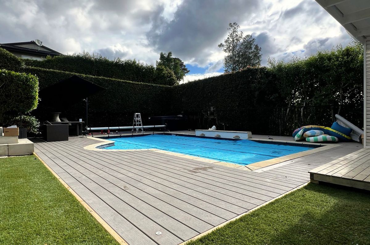 Pool deck with home office cabin