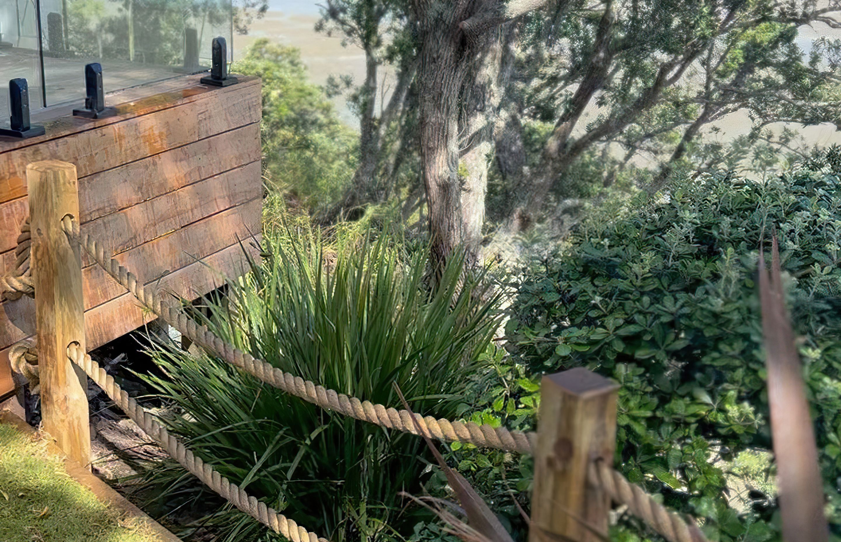 Custom rope fence with wood posts and heaps trees and bushes on the opposing side