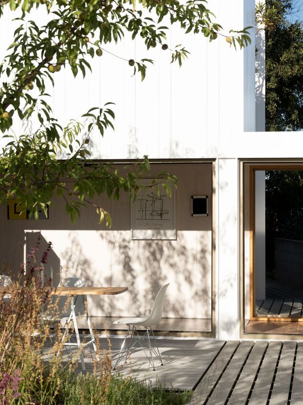 A sunlit contemporary courtyard or deck beside a minimalist white-clad building. A timber outdoor dining table and modern chairs sit against a pale rendered wall, with a large timber-framed glazed opening and timber decking. Overhanging leafy branches and planted garden beds cast dappled shadows across the facade and outdoor space.