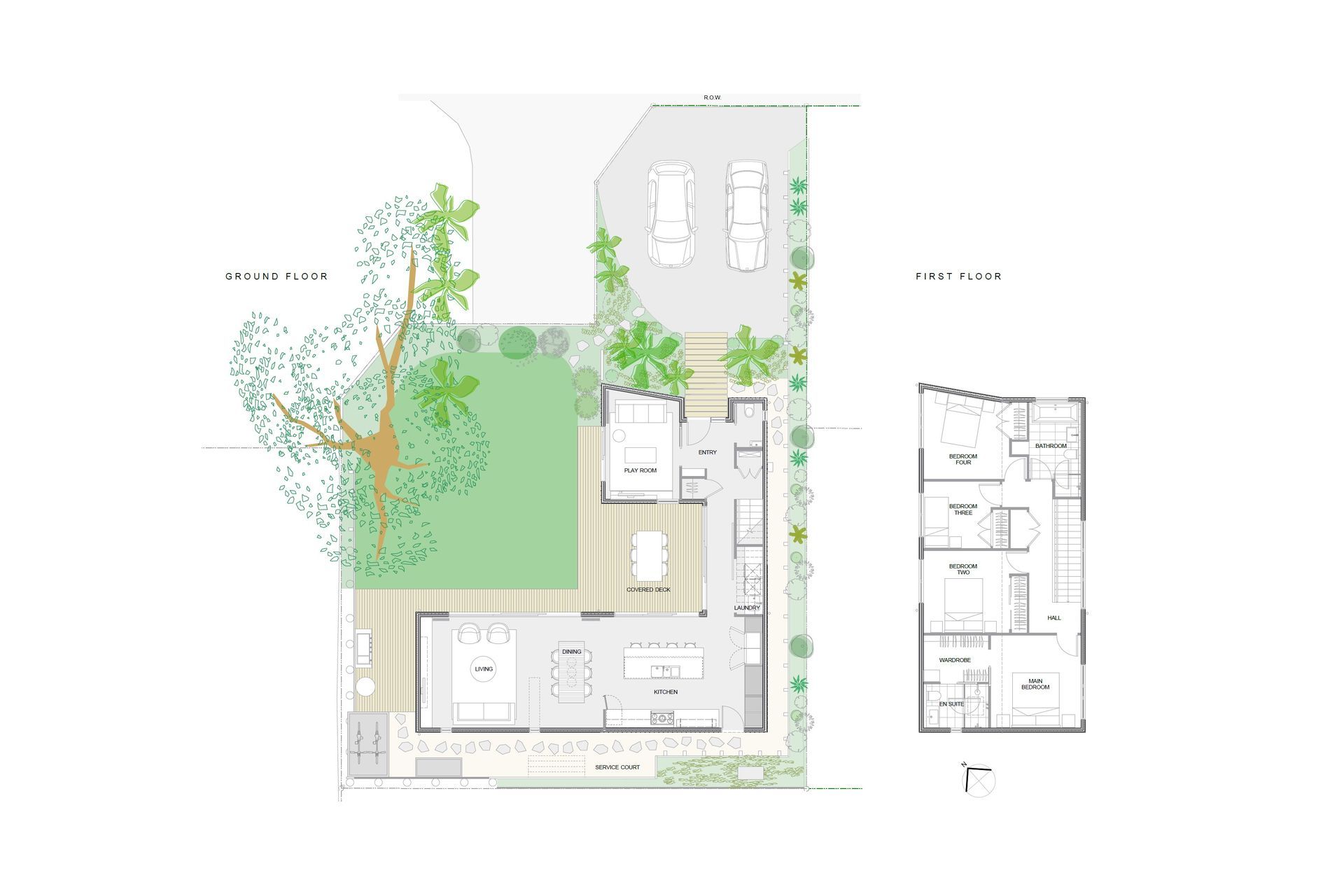 Architectural floor plan by Rogan Nash Architects illustrating the considered layout of To Keep You Home, a contemporary family residence. in Westmere The plan shows the relationship between the home's living, dining and kitchen spaces, private accommodation and outdoor areas, demonstrating a design focused on family life, natural light and connection to the garden.