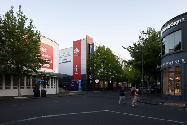 Street-level view of a commercial urban precinct with several multi-storey retail and office buildings, prominent branded signage, glazed shopfronts, mature street trees, and pedestrians along a broad paved roadway.